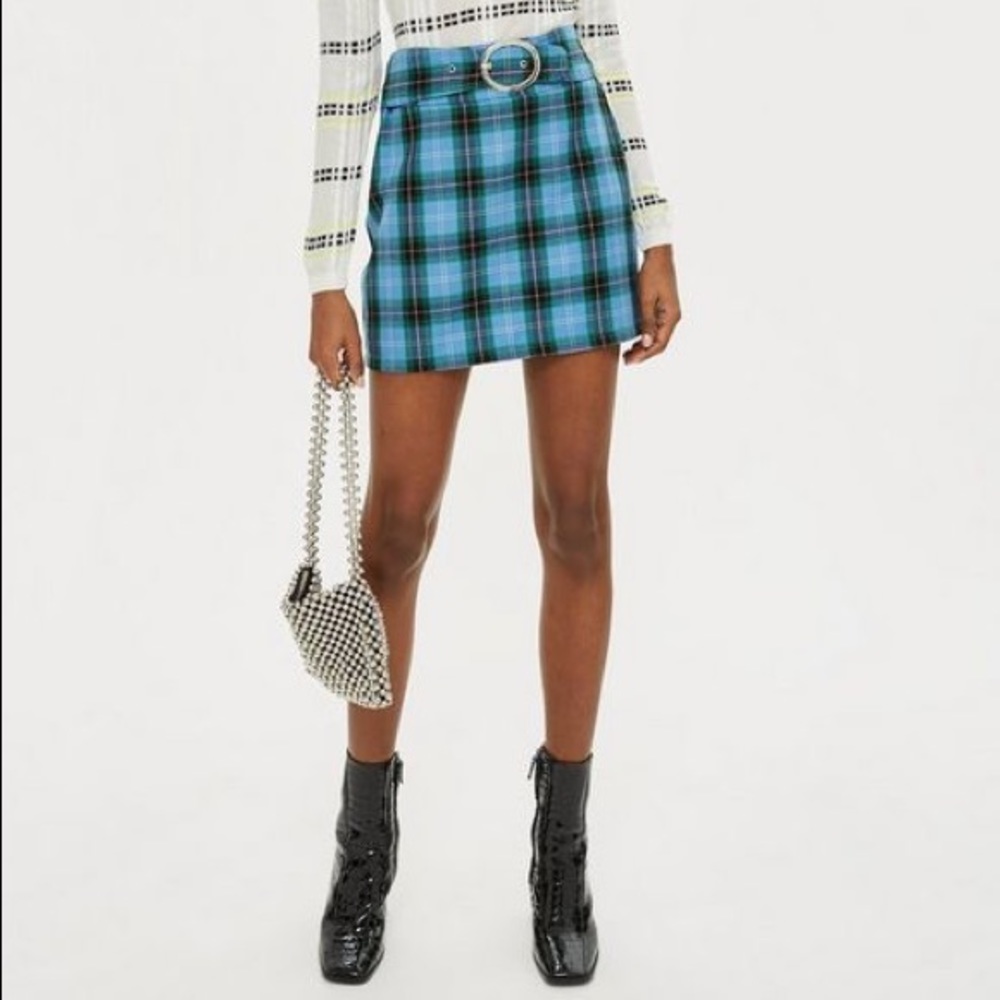 TOPSHOP Circle buckle check mini skirt